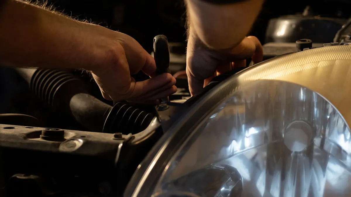 Mains d’un mécanicien sur un moteur